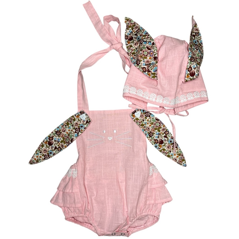 Easter Baby Girl Bunny Romper Set w Bonnet Outfit Pink Floral Ears Cottagecore